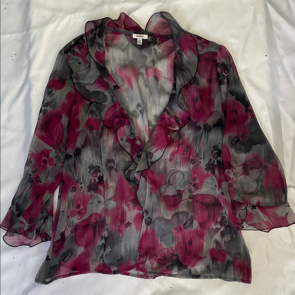 Nicola Purple and Gray Sheer Floral Blouse